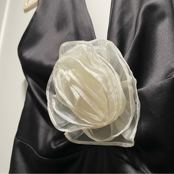 12th Tribe Pia Satin Rosette Full Length Halter Dress Black White Cream - Picture 5 of 15